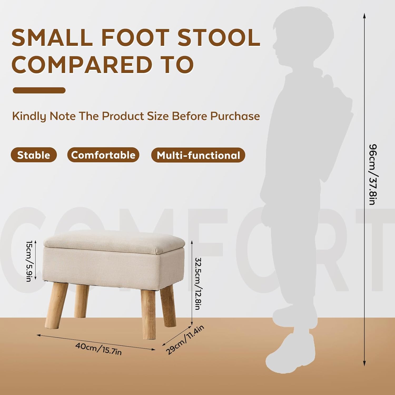 Beige Linen Wood Leg Storage Ottoman