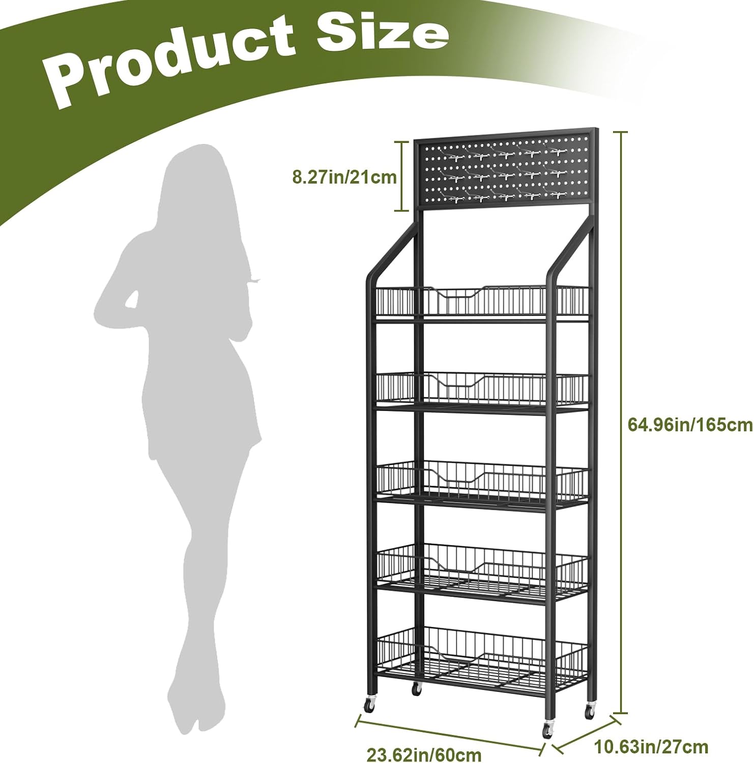 Black Pegboard Rolling 5-Tier Snack Rack