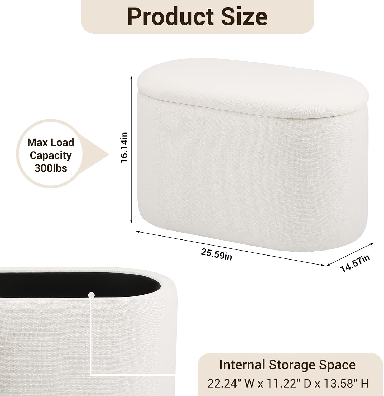 White Linen Oval Storage Ottoman