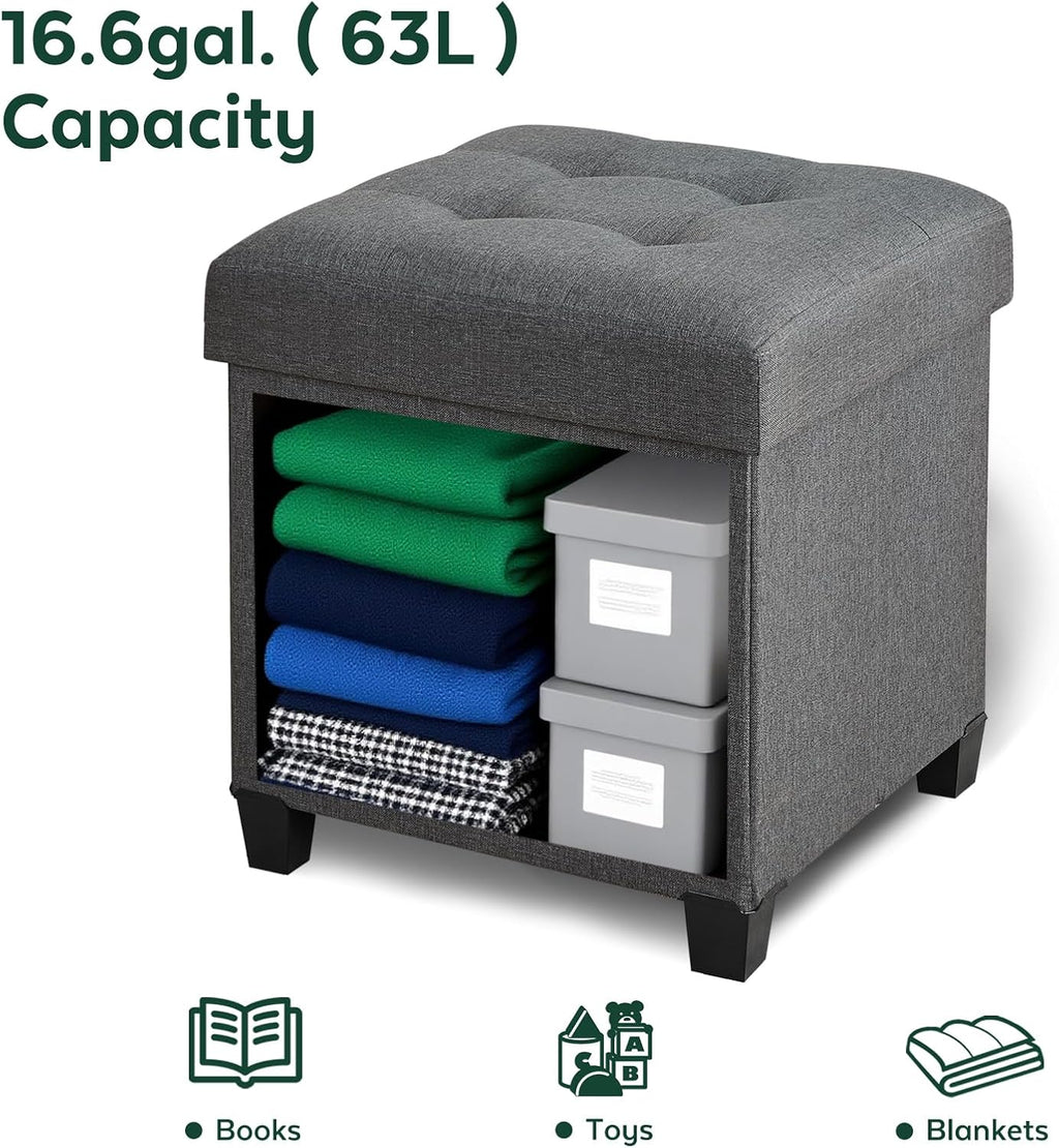 Gray Linen Square Storage Ottoman