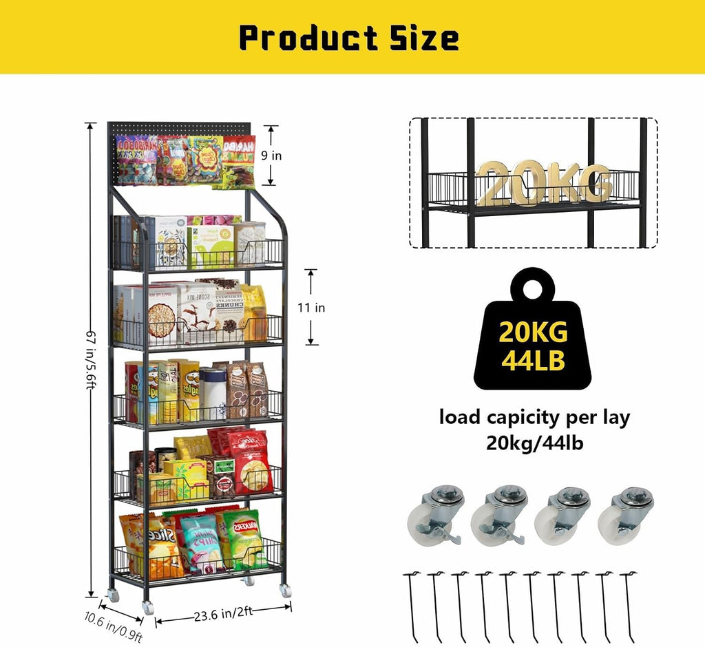 Rolling 5-Tier Metal Snack Display Rack