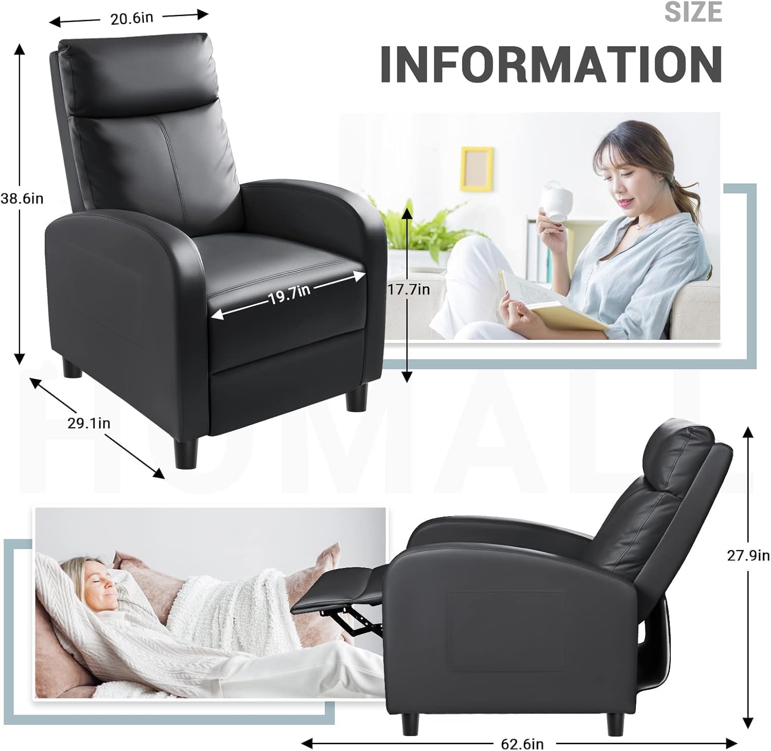 Black PU Leather Lumbar Support Home Theater Recliner Chair