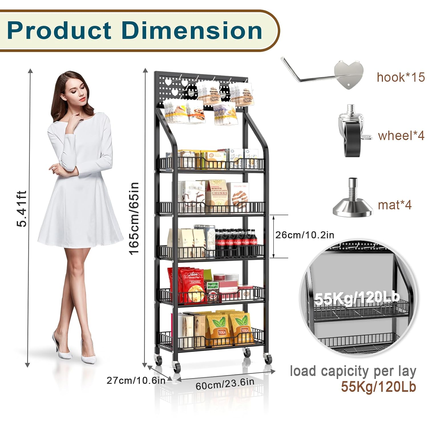 Black Rolling 5-Tier Hooked Snack Display Rack