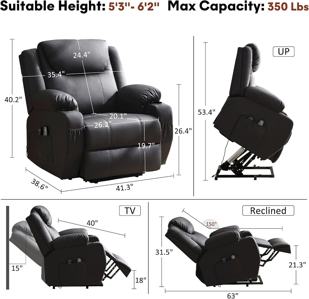 Black Oversized Wide Power Lift Massage Recliner Chair