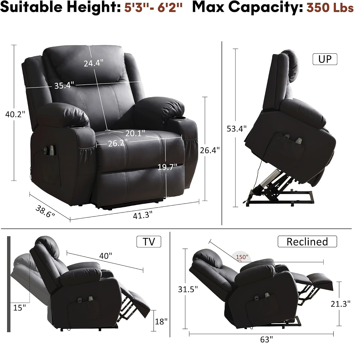 Black Oversized Wide Power Lift Massage Recliner Chair