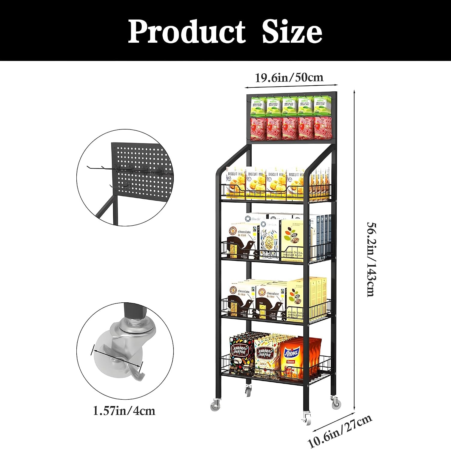 Black 4-Tier Rolling Snack Display Rack