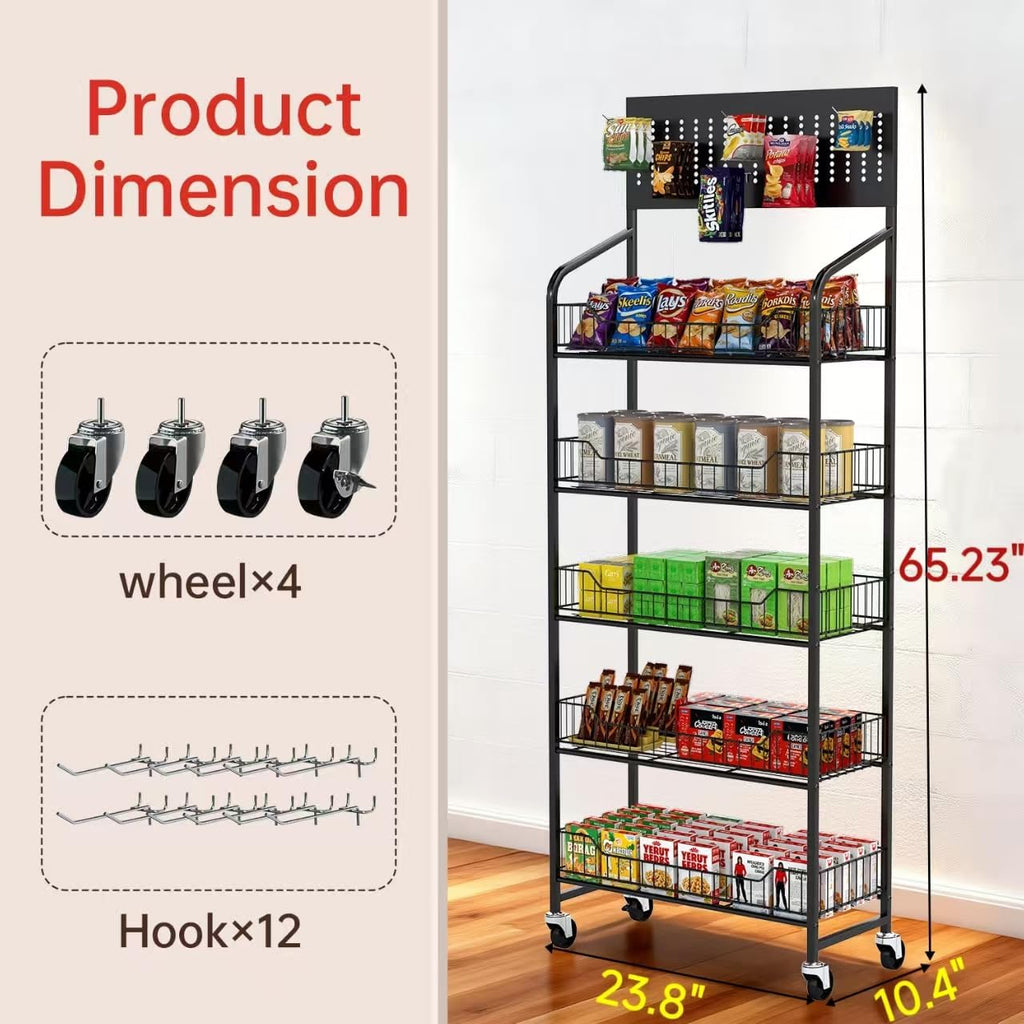 Rolling 5-Tier Metal Snack Display Rack