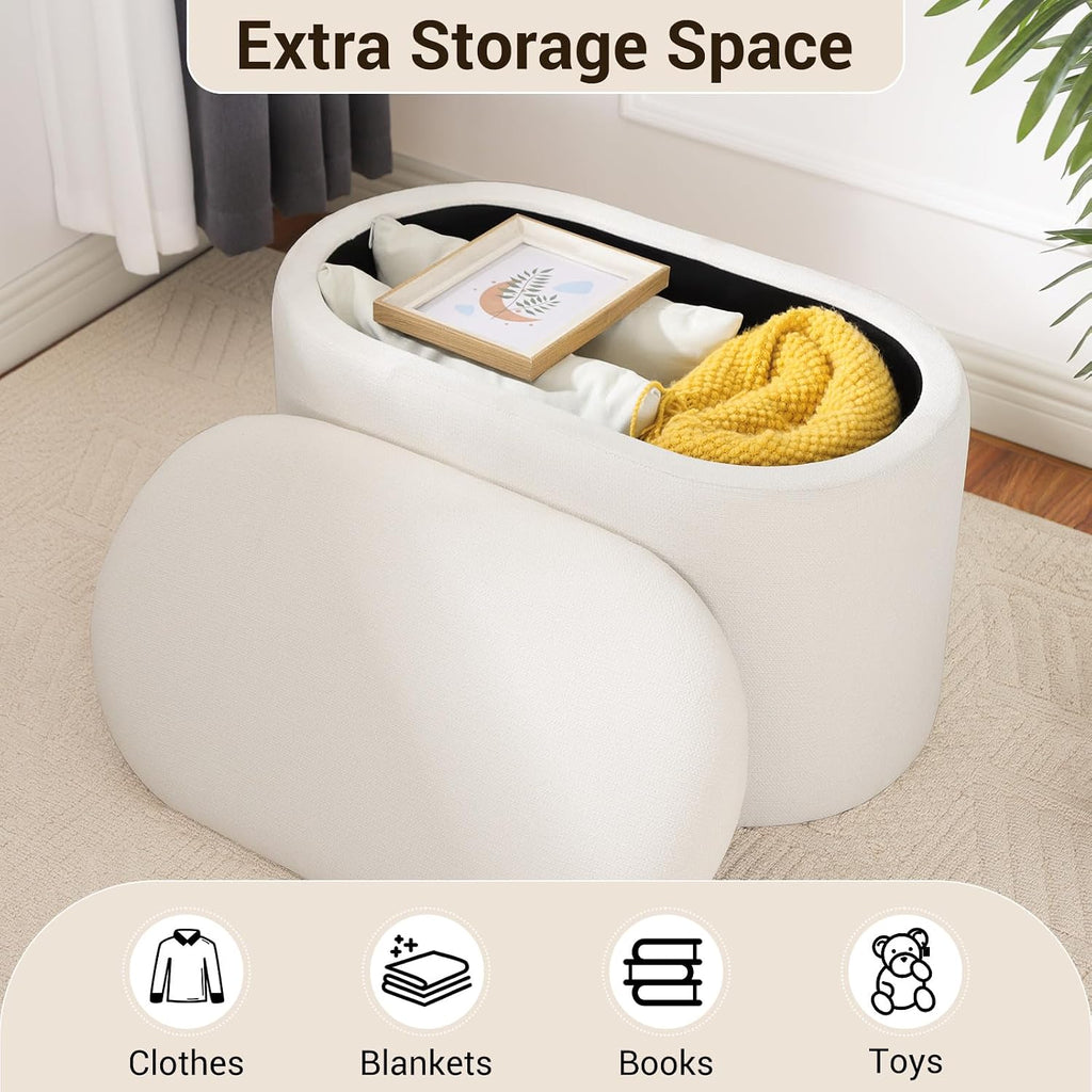 White Linen Oval Storage Ottoman