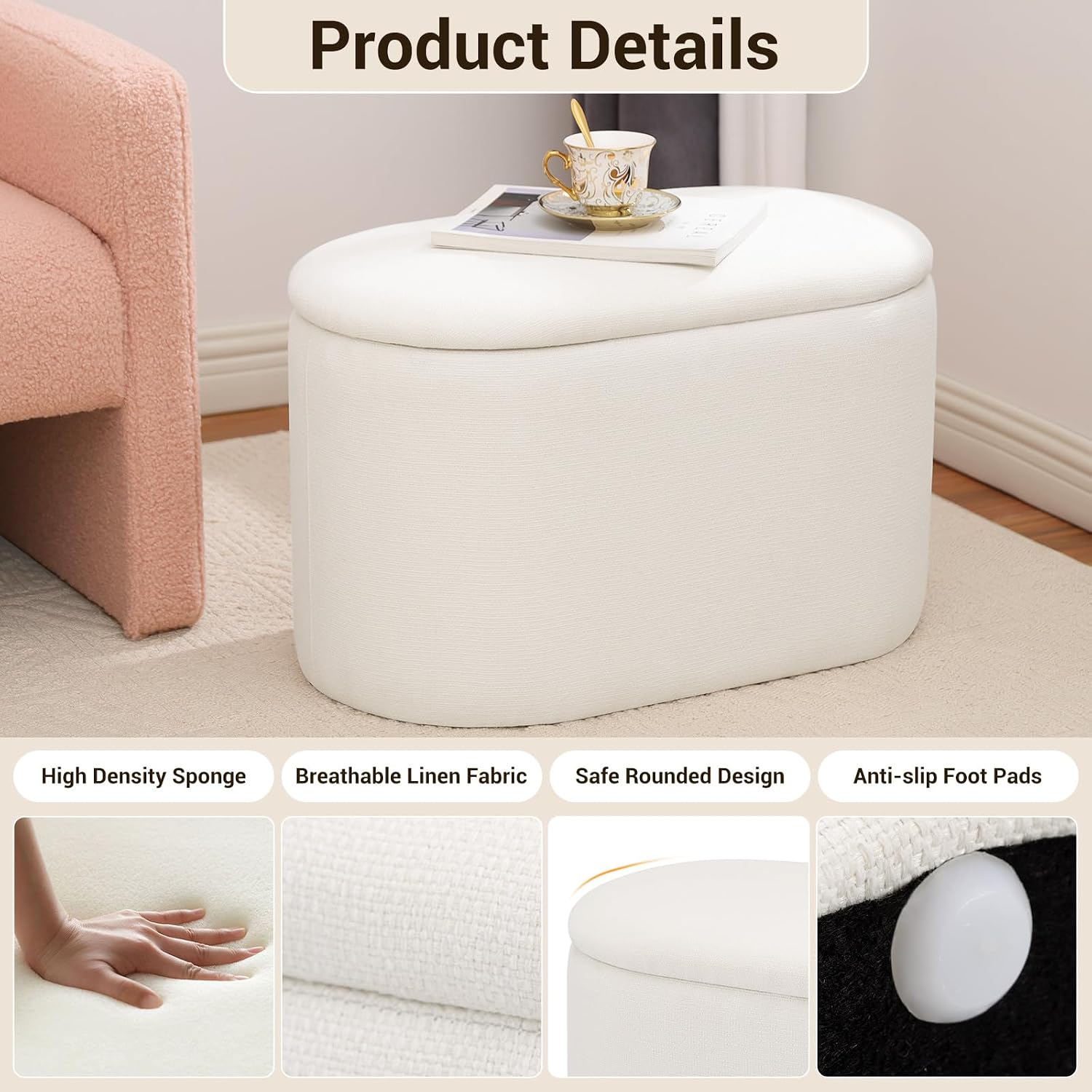 White Linen Oval Storage Ottoman