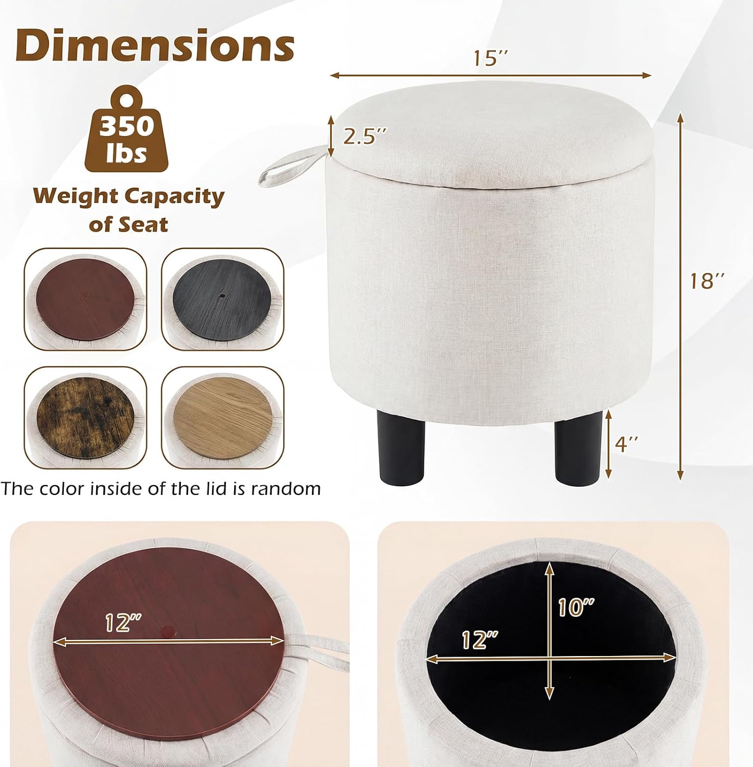 Beige Linen Round Storage Ottoman