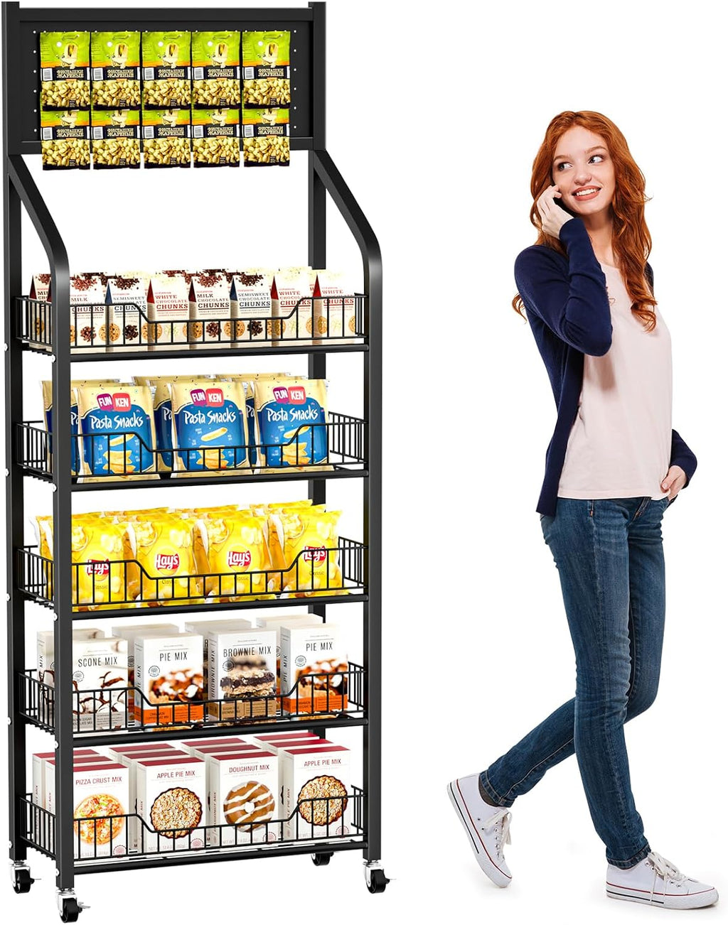 Black Rolling 5-Tier Snack Display Rack