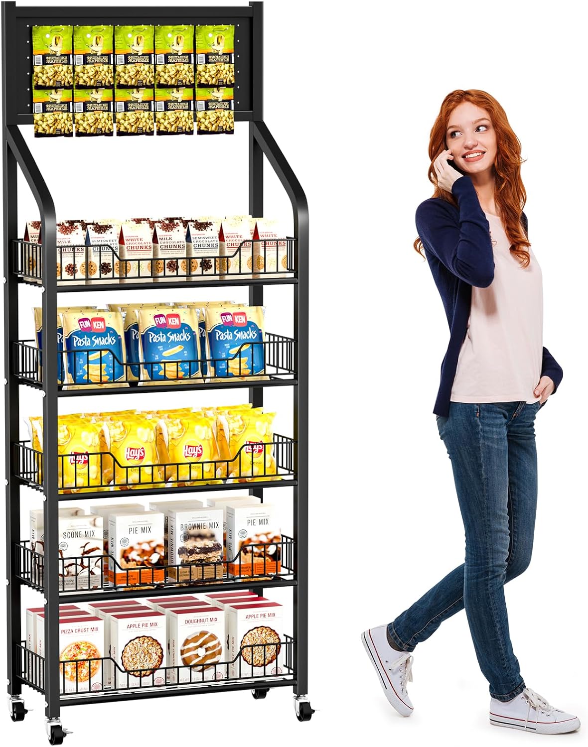 Black Rolling 5-Tier Snack Display Rack