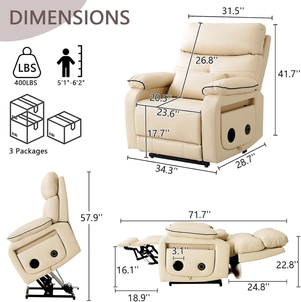 Beige Dual Motor Lay Flat Power Lift Massage Recliner