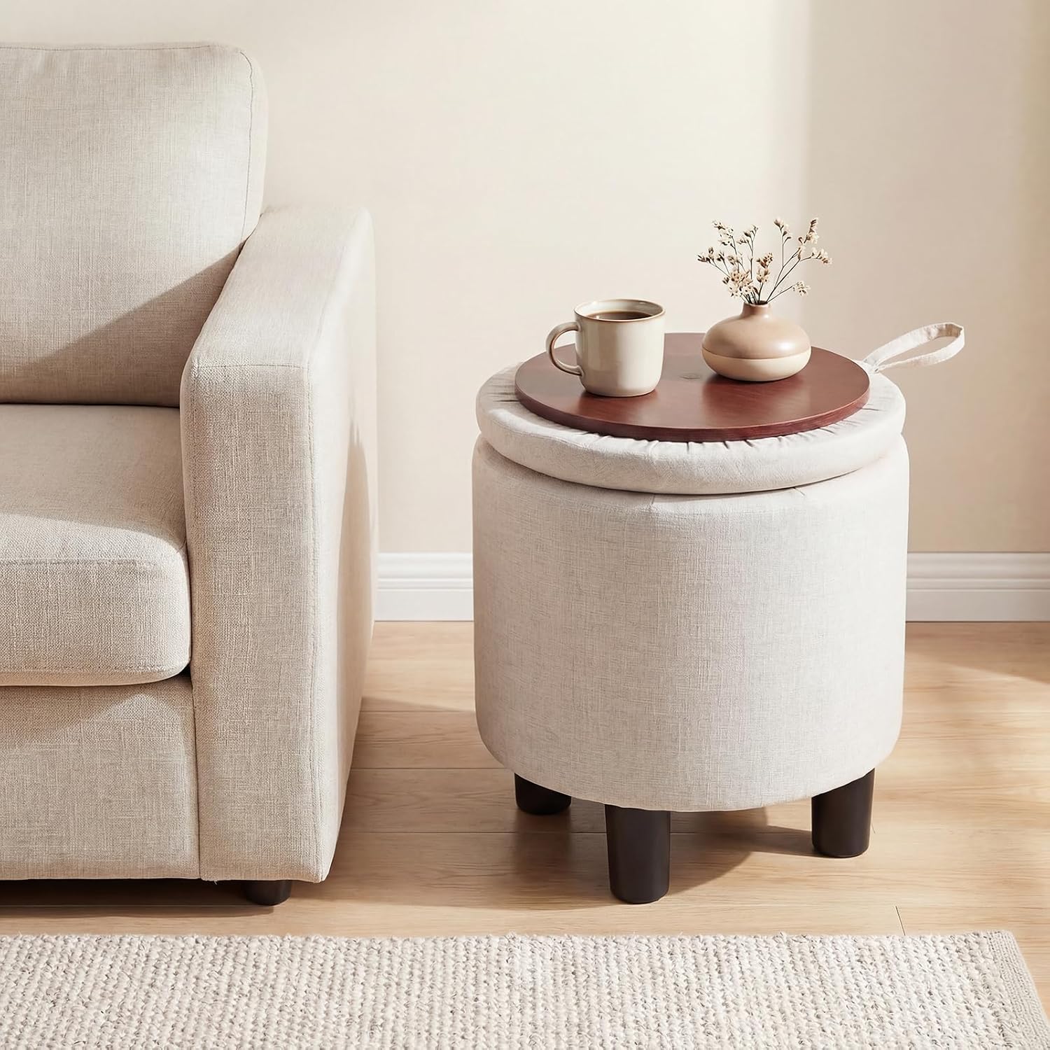 Beige Linen Round Storage Ottoman