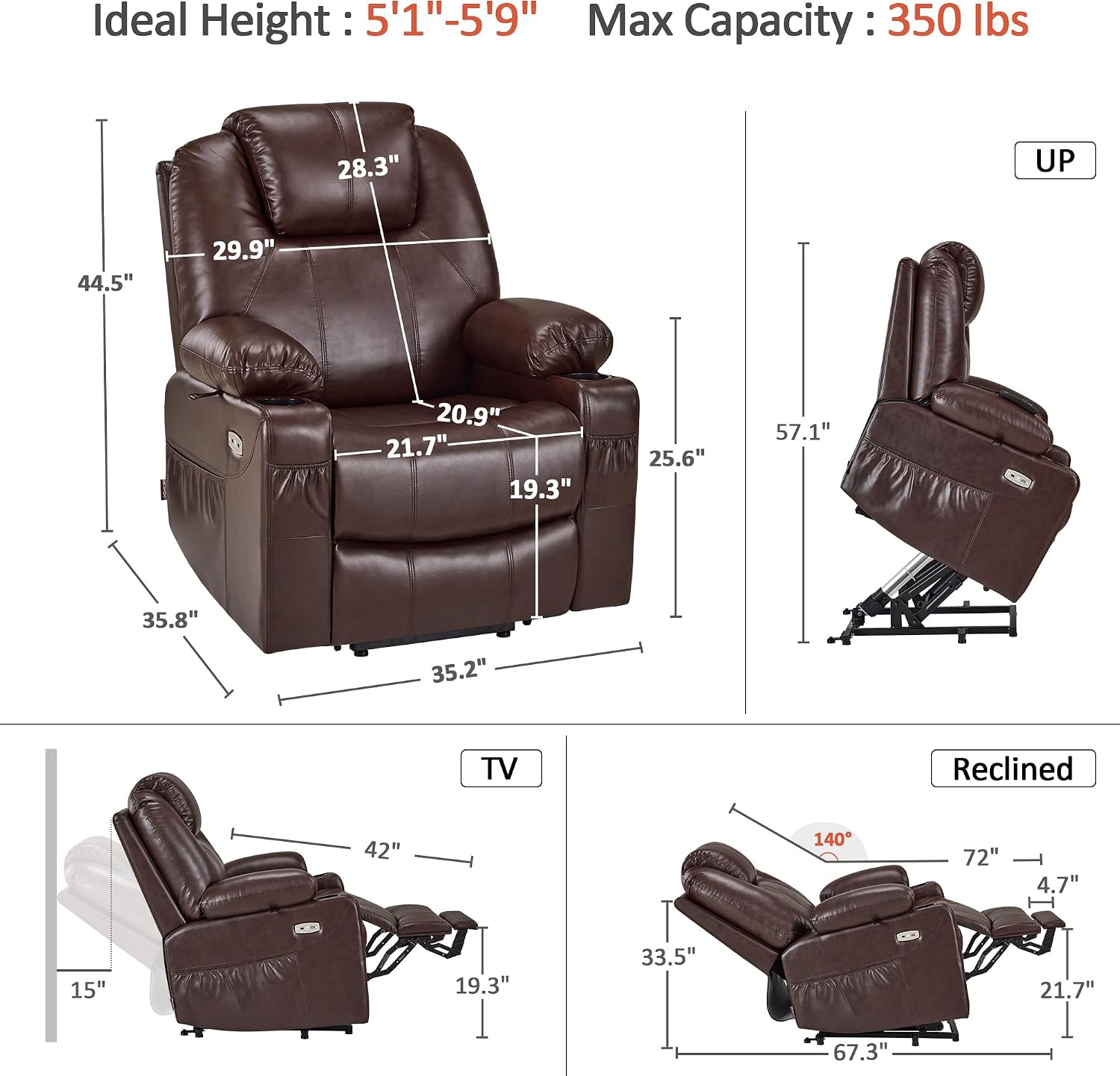 Dark Brown Faux Leather Power Lift Massage Recliner Chair