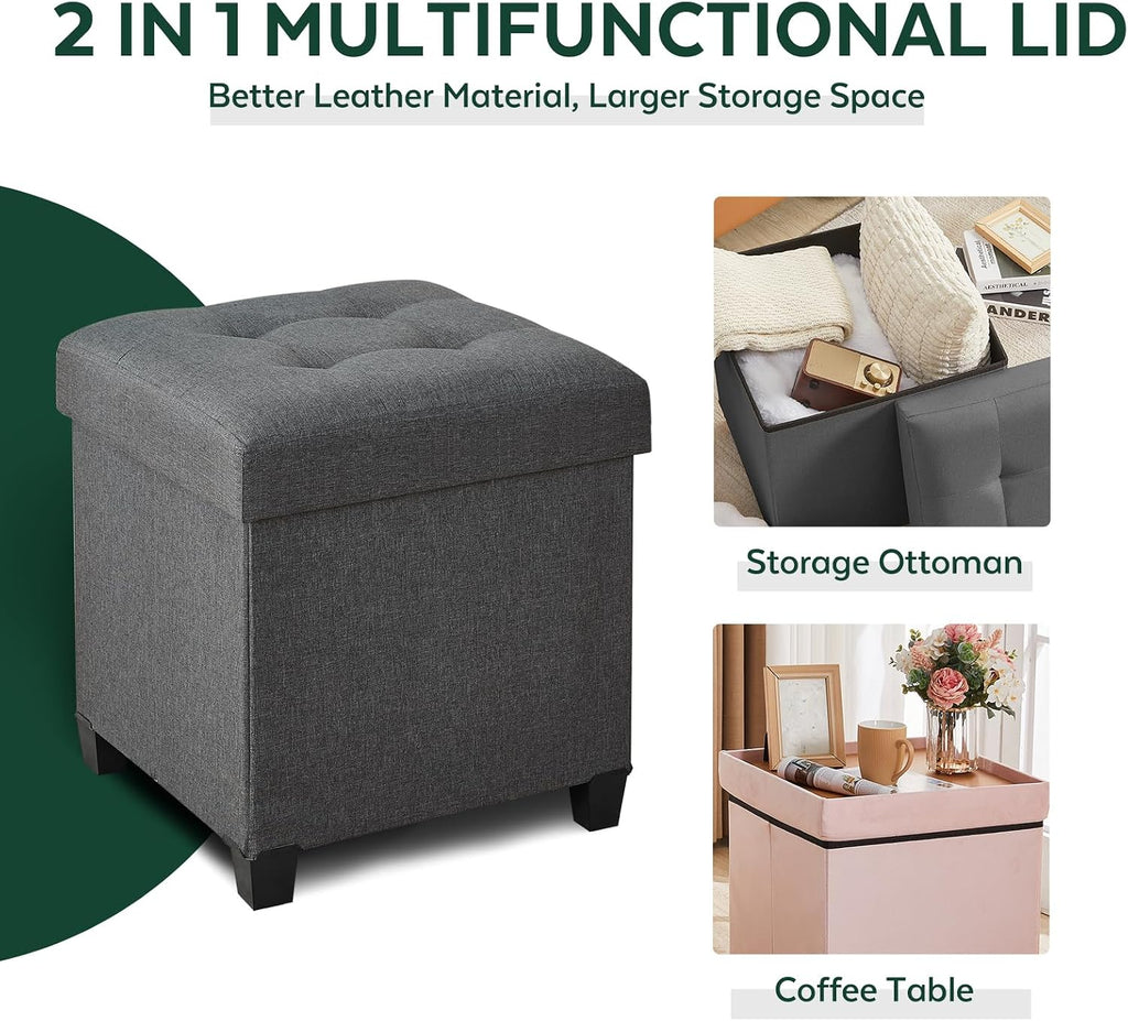 Gray Linen Square Storage Ottoman