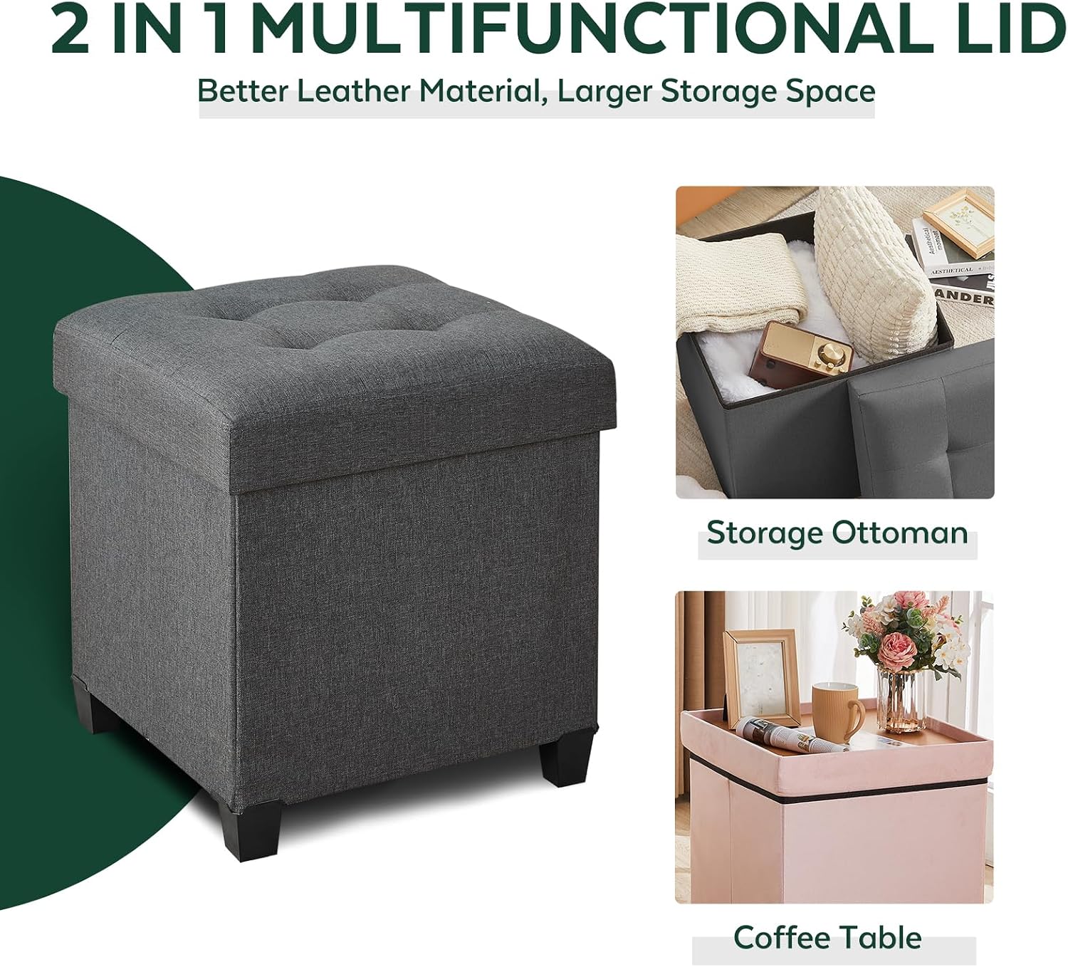 Gray Linen Square Storage Ottoman
