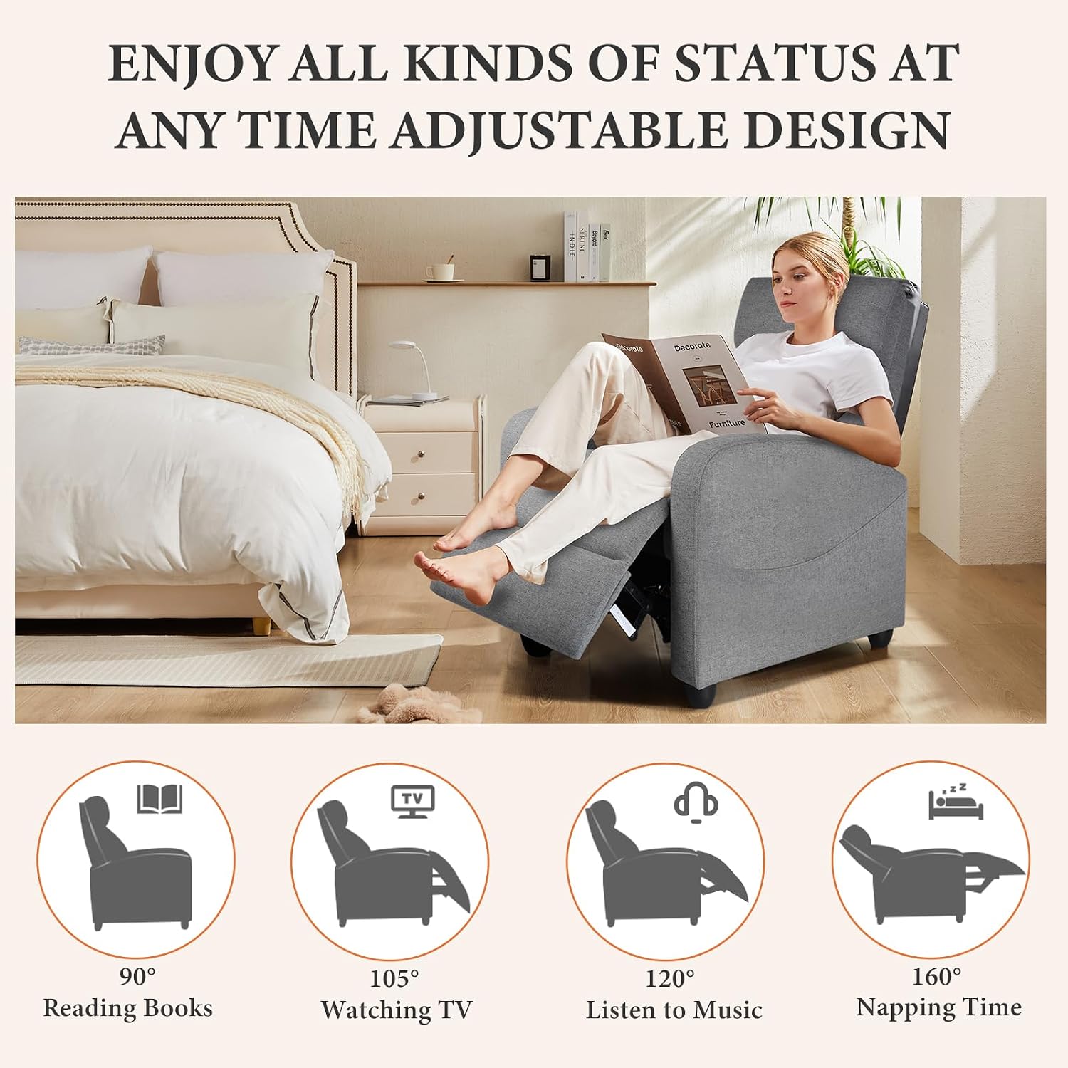 Gray Fabric Home Theater Recliner Sofa Chair