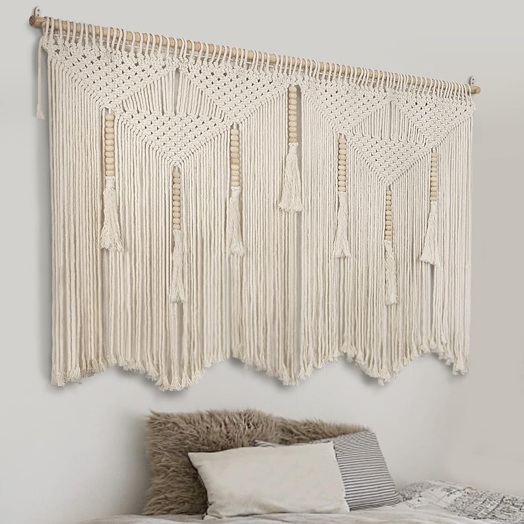 Beige Large Macrame Wall Hanging with Rod