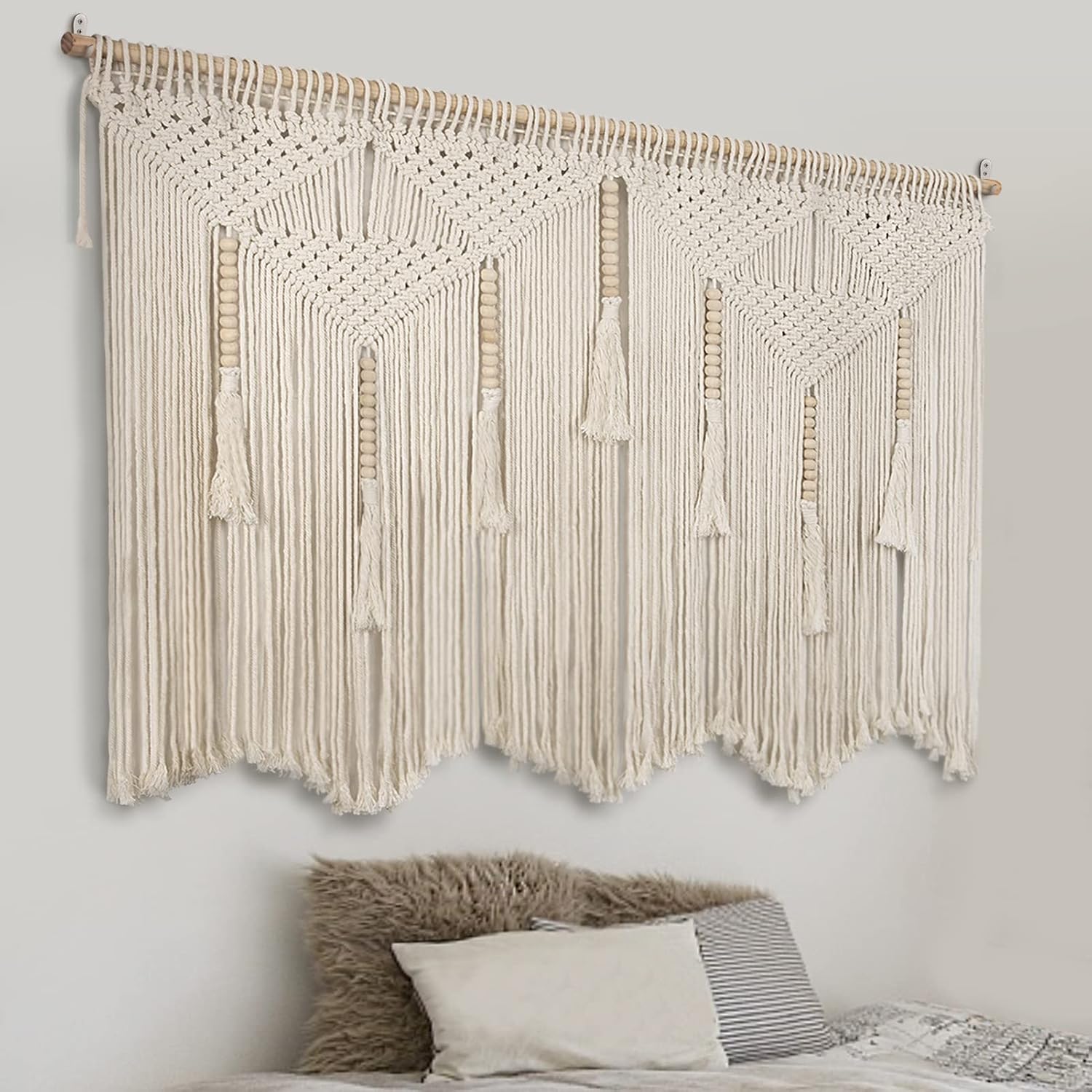 Beige Large Macrame Wall Hanging with Rod