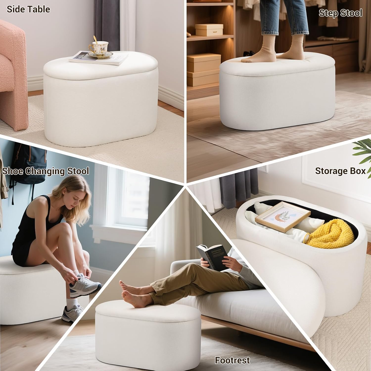 White Linen Oval Storage Ottoman