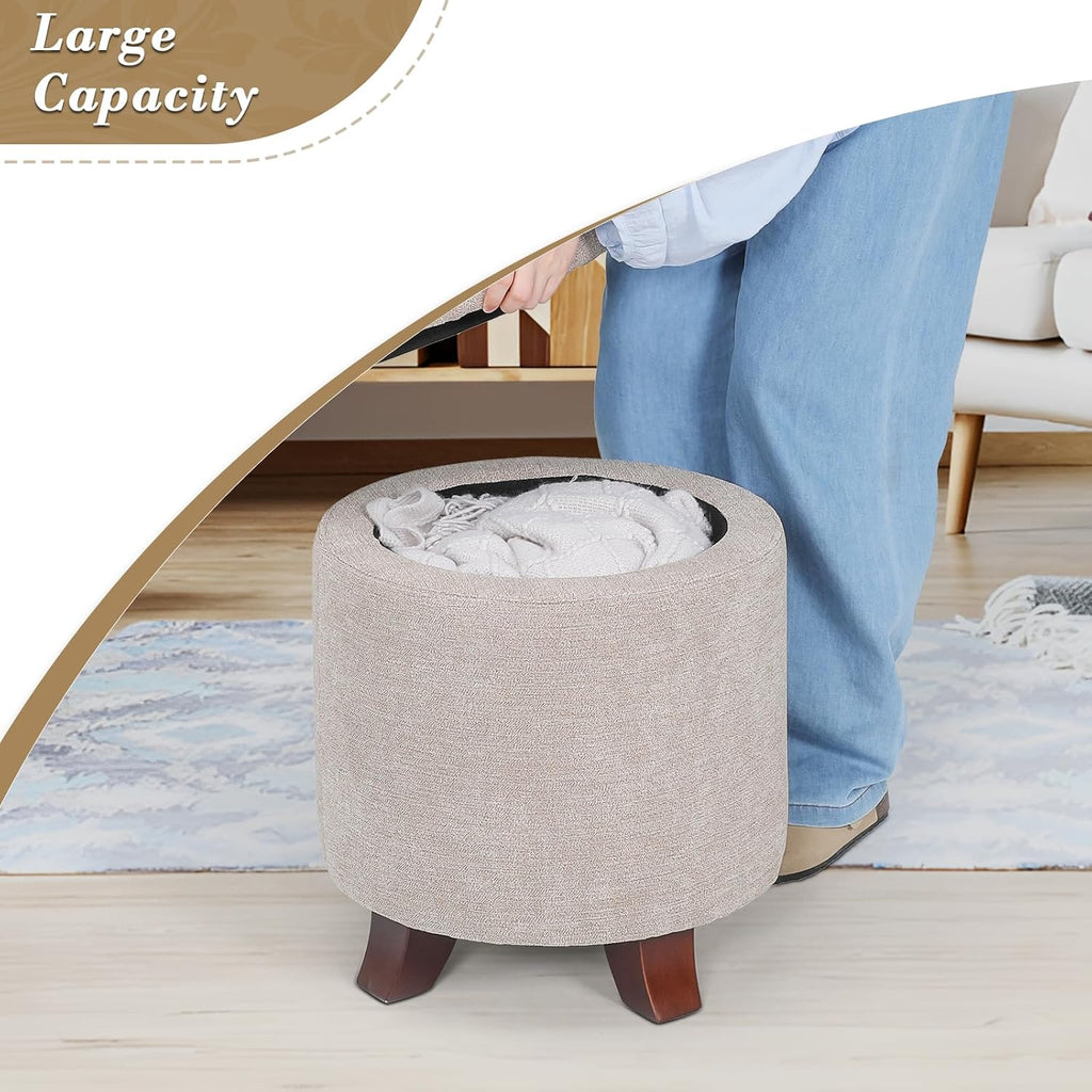 Khaki Round Linen Storage Ottoman