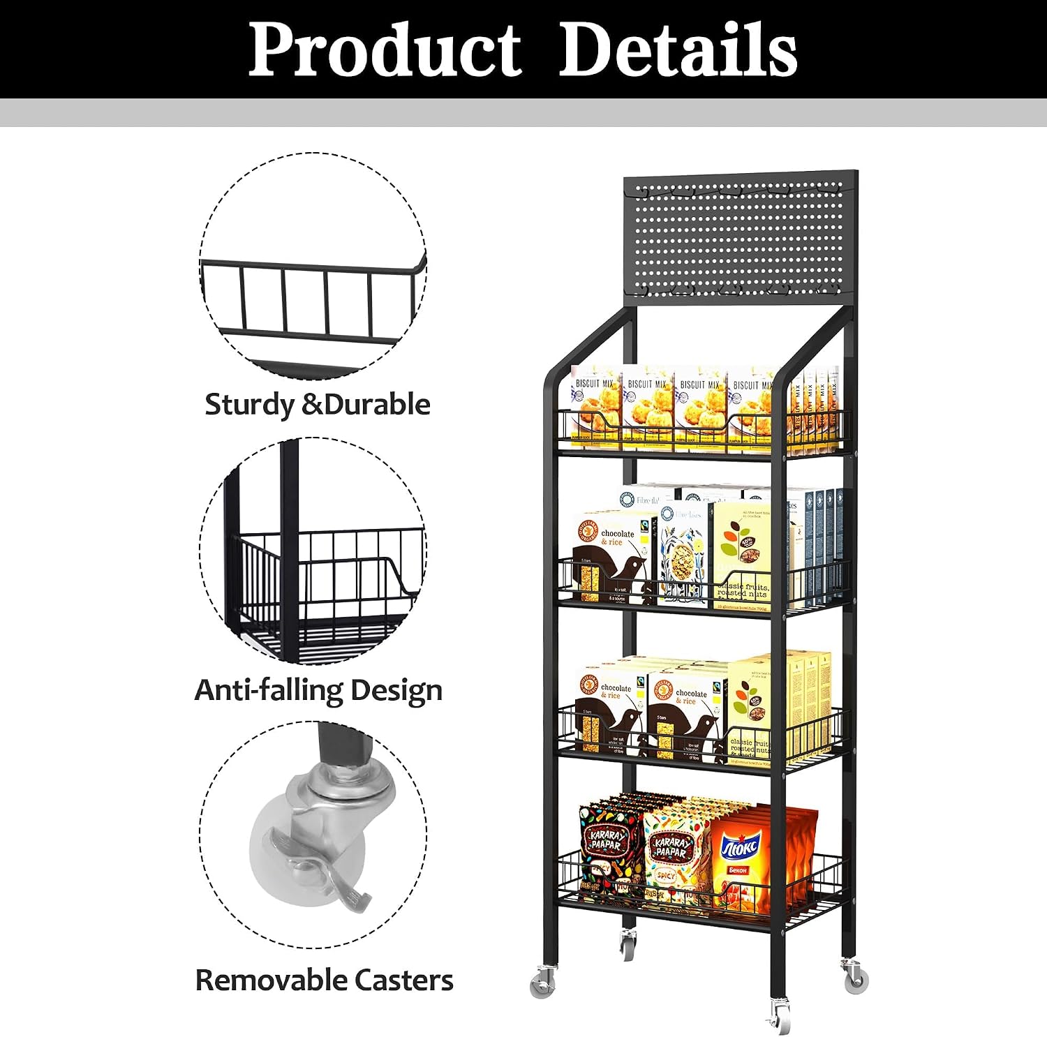 Black 4-Tier Rolling Snack Display Rack