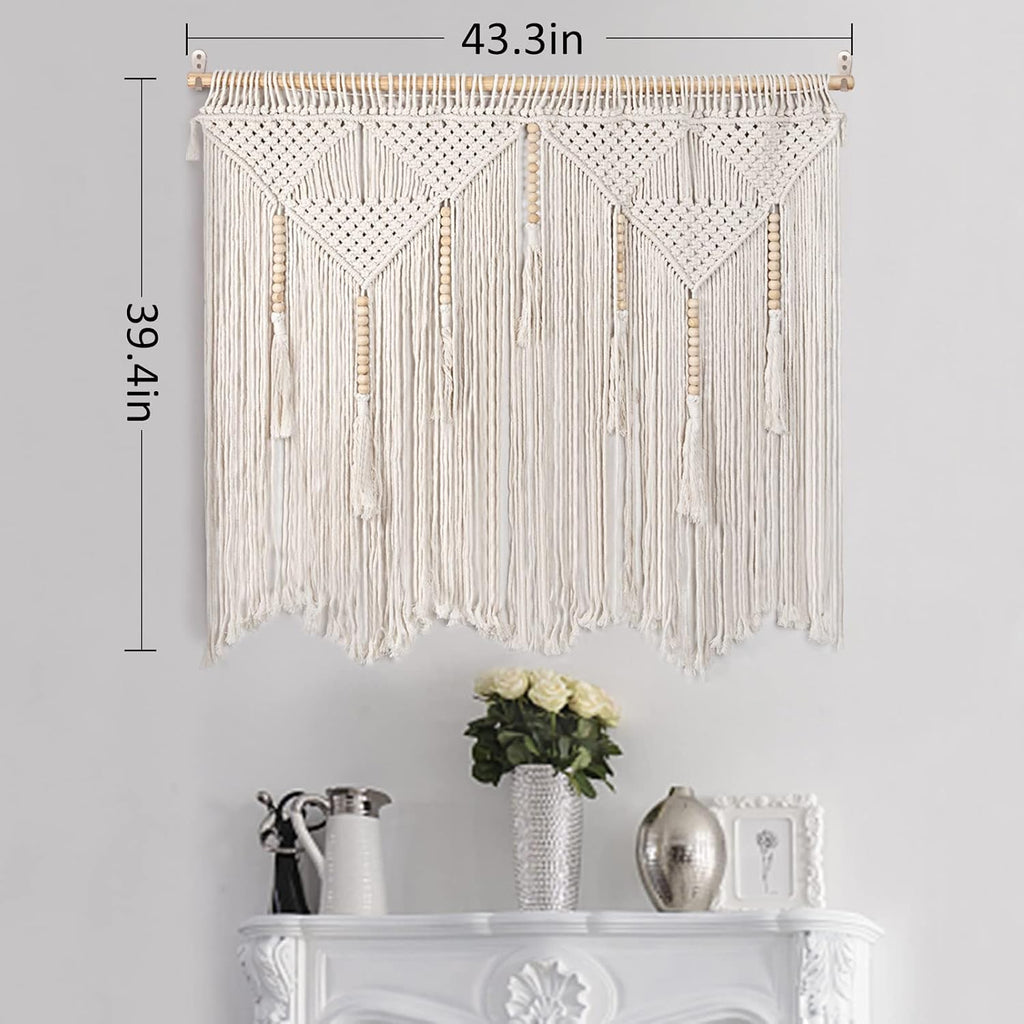 Beige Large Macrame Wall Hanging with Rod