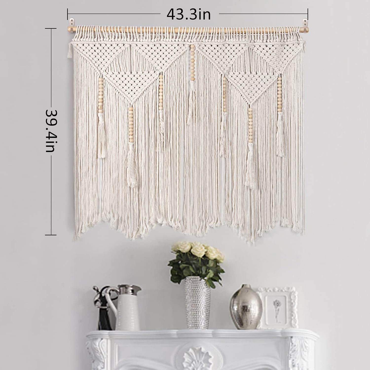 Beige Large Macrame Wall Hanging with Rod