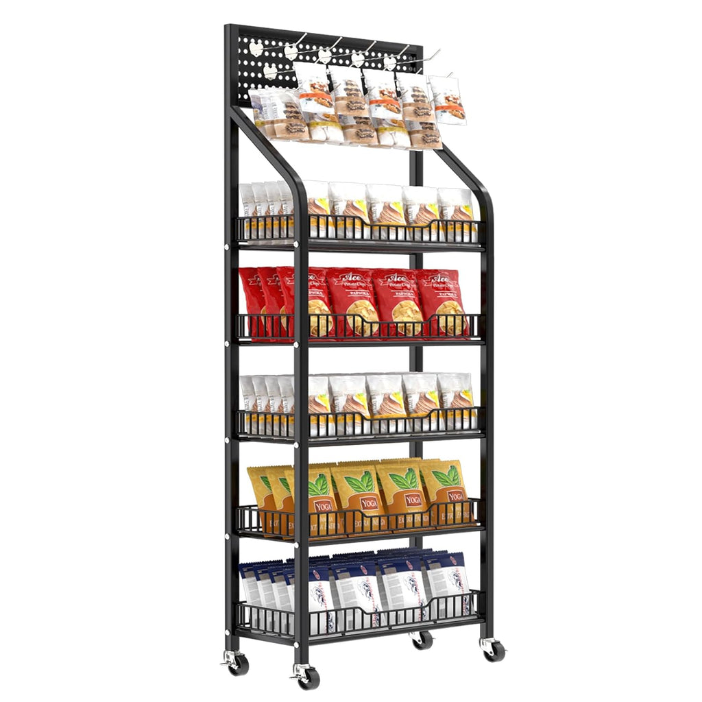 Black Rolling 5-Tier Hooked Snack Display Rack