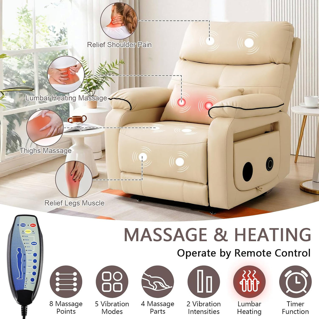 Beige Dual Motor Lay Flat Power Lift Massage Recliner
