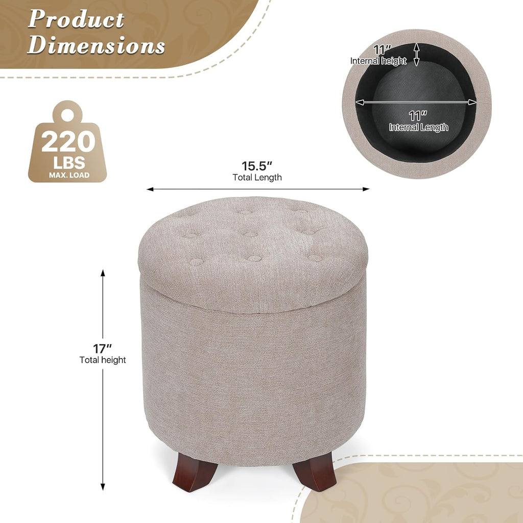 Khaki Round Linen Storage Ottoman