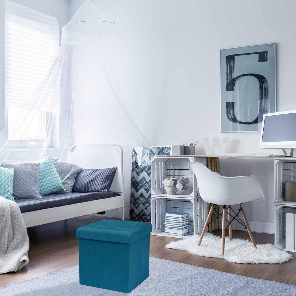 Teal Velvet Cube Folding Storage Ottoman