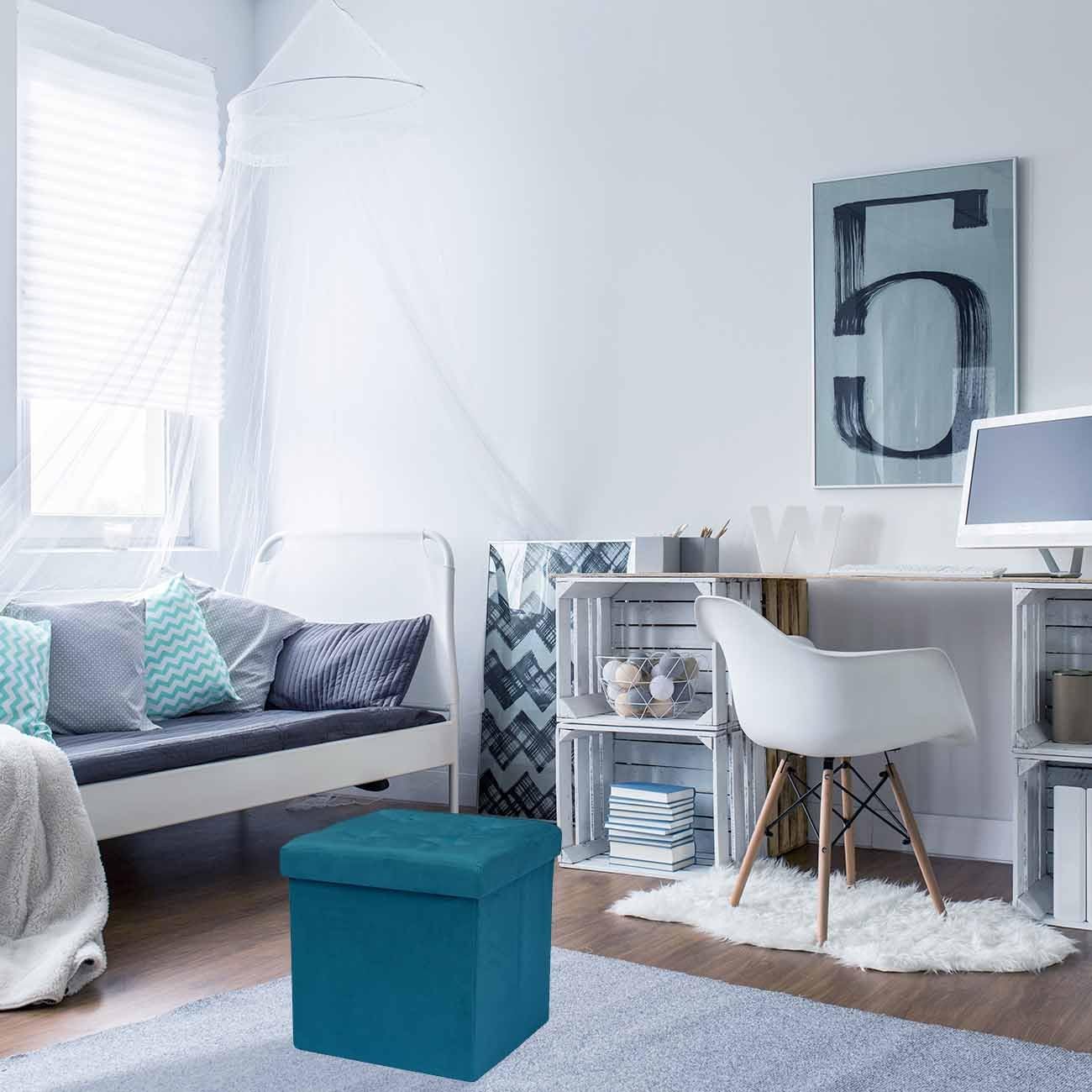 Teal Velvet Cube Folding Storage Ottoman