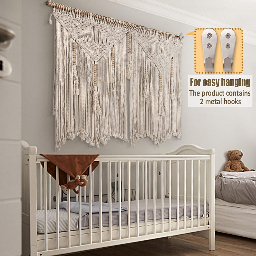 Beige Large Macrame Wall Hanging with Rod