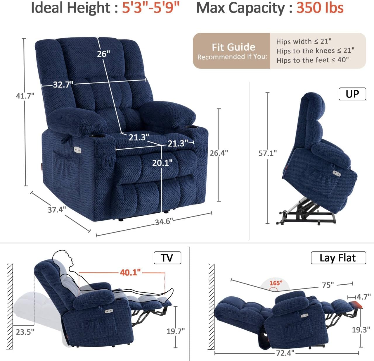 Blue Dual Motor Lift Massage Recliner