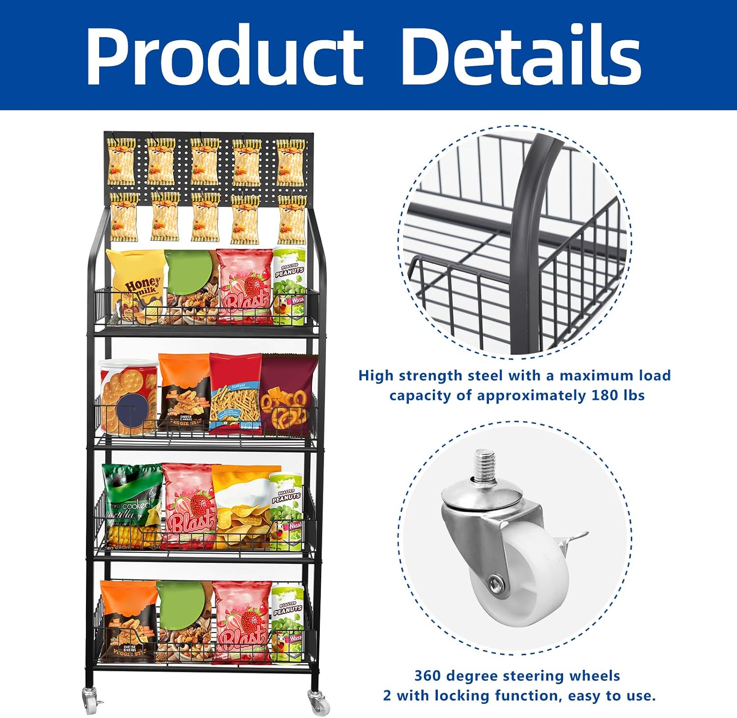 Black Rolling 4-Tier Snack Display Rack