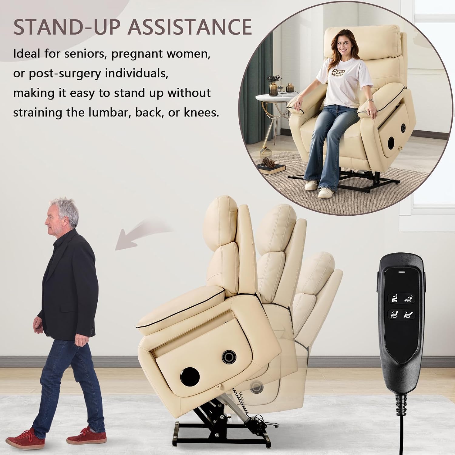 Beige Dual Motor Lay Flat Power Lift Massage Recliner