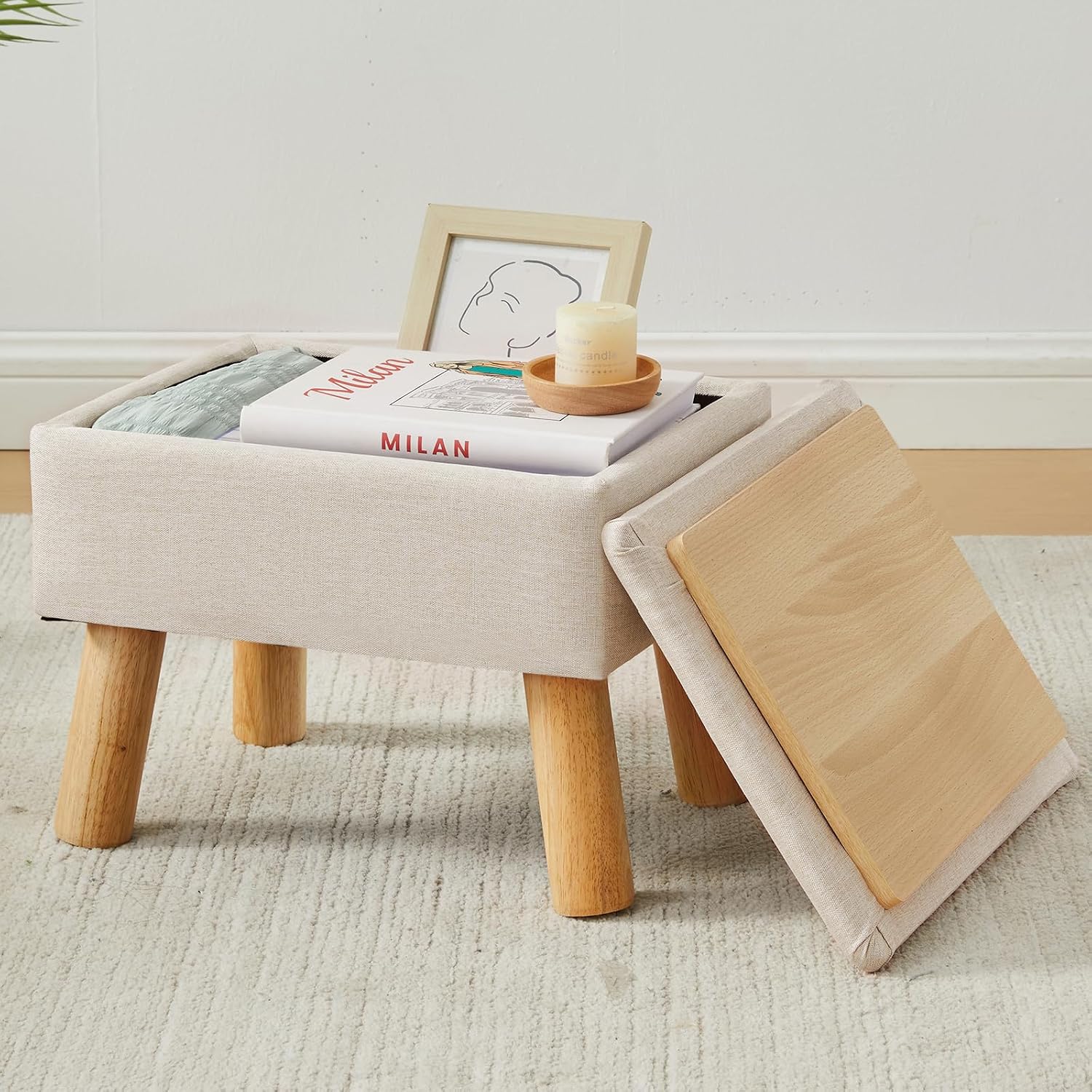 Beige Linen Wood Leg Storage Ottoman