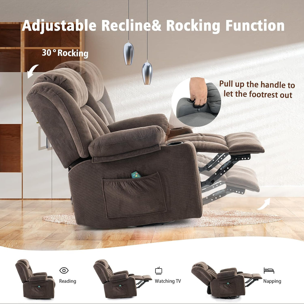 Cocoa Fabric Swivel Rocker Massage Heat Recliner Chair