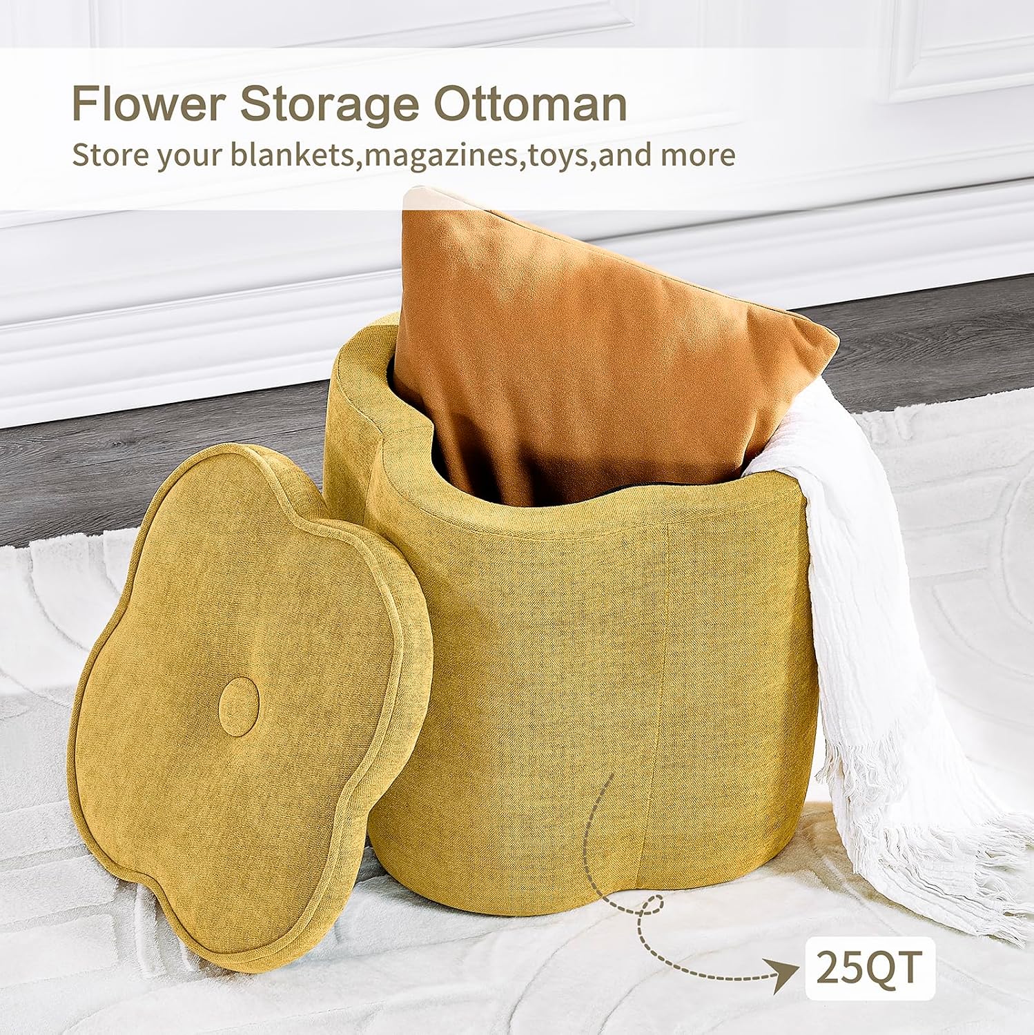 Spice Yellow Chenille Storage Ottoman
