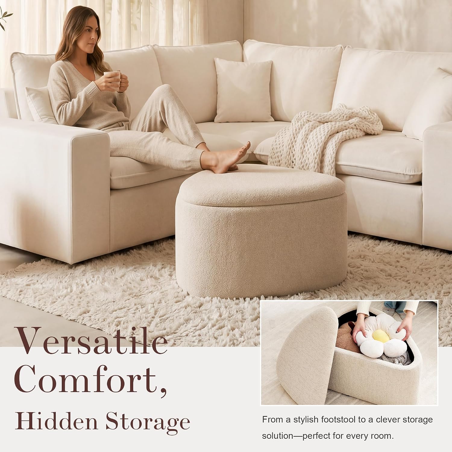 Beige Linen Triangle Storage Ottoman
