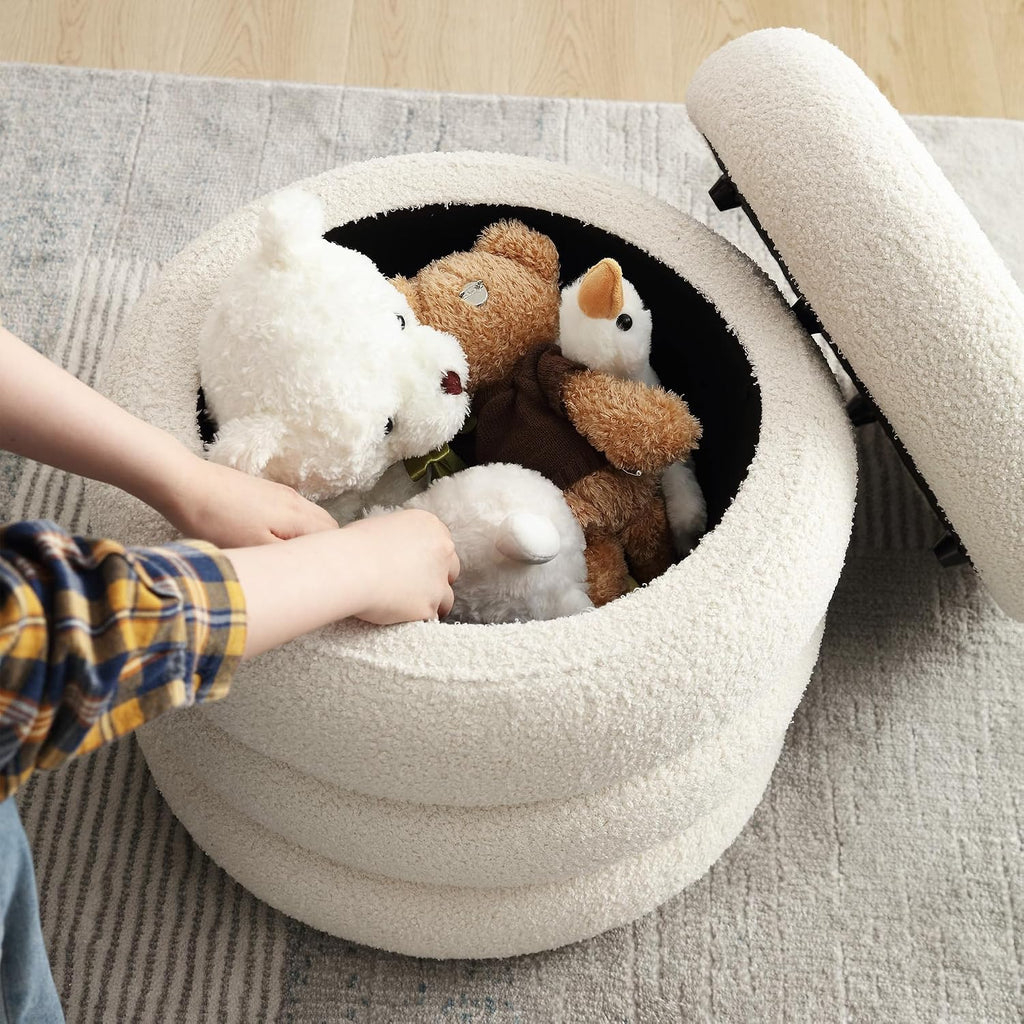 Off-White Boucle Round Storage Ottoman
