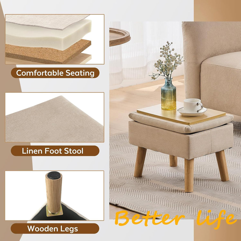 Beige Linen Wood Leg Storage Ottoman