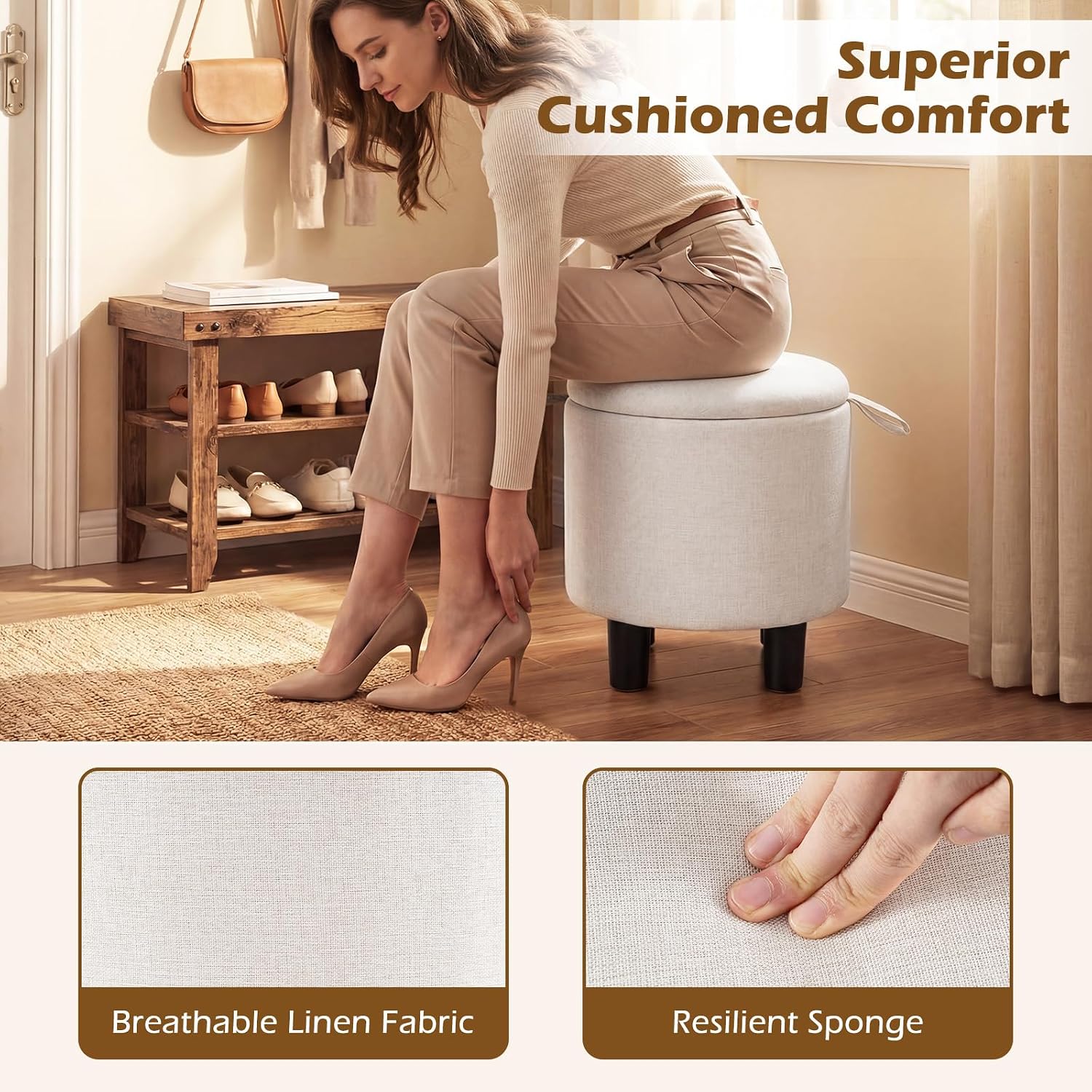 Beige Linen Round Storage Ottoman