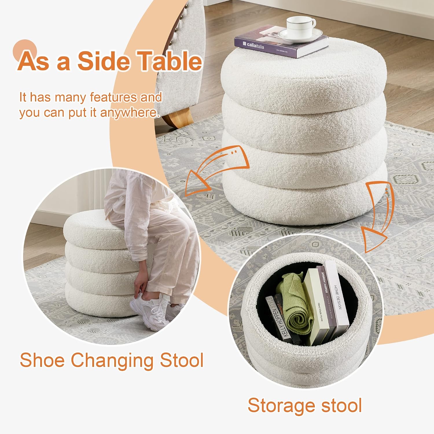 Off-White Boucle Round Storage Ottoman