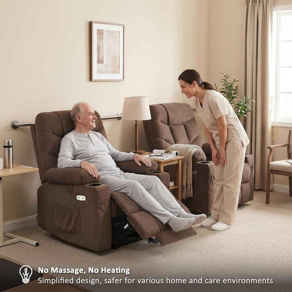 Brown Fabric Extended Footrest Power Lift Recliner Chair