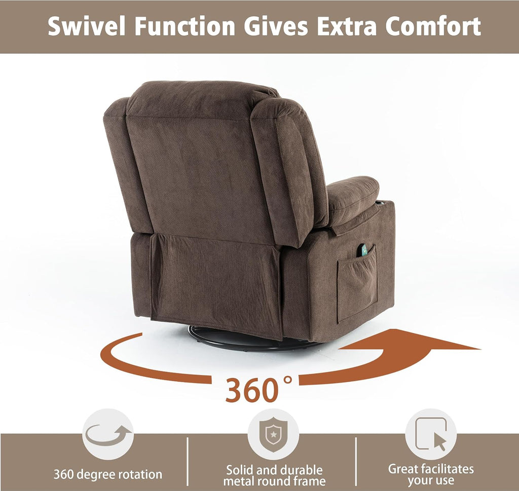 Cocoa Fabric Swivel Rocker Massage Heat Recliner Chair