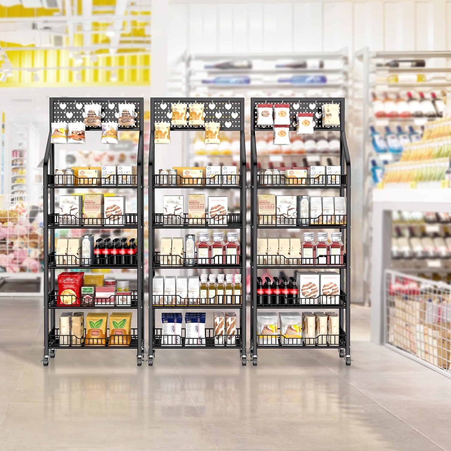 Black Rolling 5-Tier Hooked Snack Display Rack