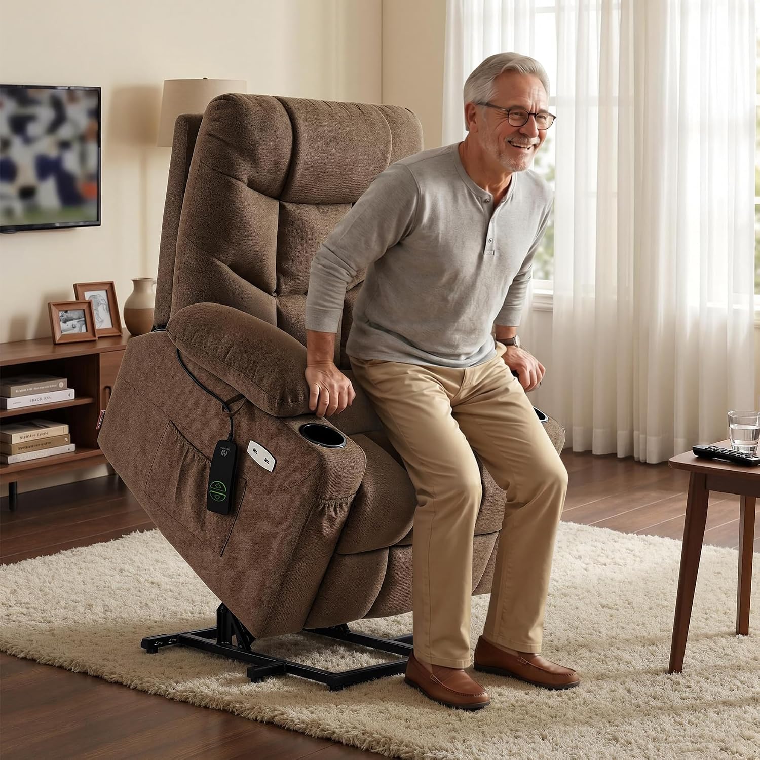 Brown Fabric Extended Footrest Power Lift Recliner Chair